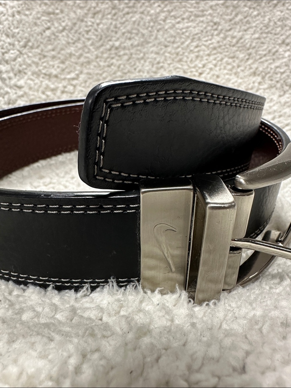 Nike Golf Black Genuine Leather Belt with Silver Buckle,Swoosh logo, 34
